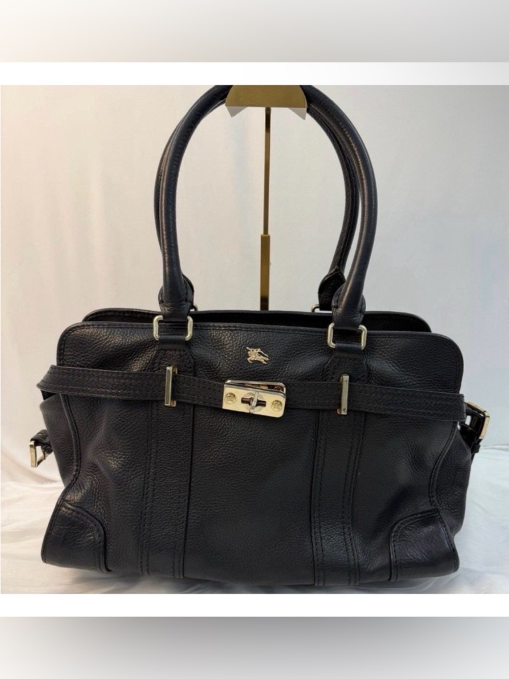 Burberry Black Leather Satchel Tote Nova Check Lined Lock Bag